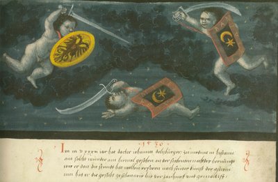 Augsburg Book of Miracles — Folio 134 Sky Battle of Three Children 1536 by Unbekannt Unbekannt